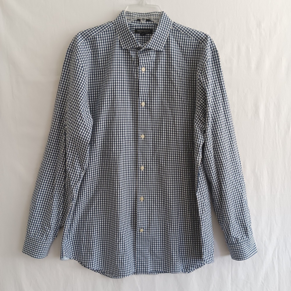 Banana Republic Button Down Shirt Mens XL Navy Blue Excellent Gingham Grant Fit